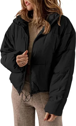 Generic Women Winter Short Lightweight Quilted Jacket Long Sleeve Warm Outerwear Women Zipper Jacket with Pockets (Black,S)