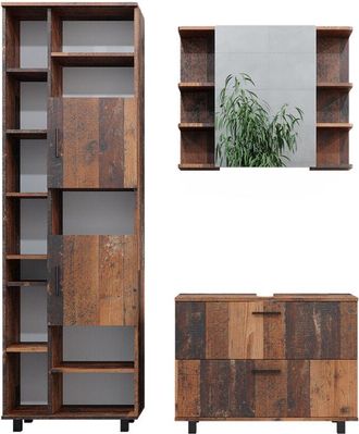 Vicco Conjunto De Muebles De Ba&ntilde;o Ilias, Roble R&uacute;stico, 3 Partes, Con Mueble Alto