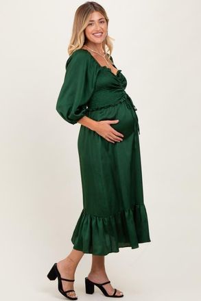 Pinkblush Satin Smocked Cinched Bust Midi Dress in Green at Nordstrom, Size Medium