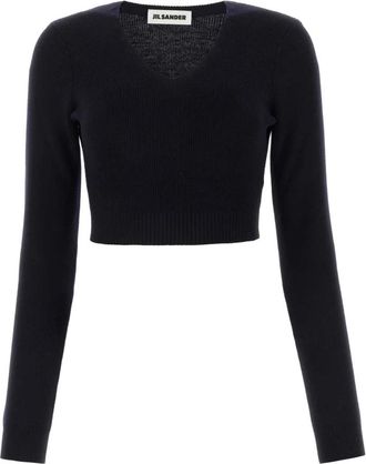 Jil Sander Middernachtblauwe wollen trui - Dames - V-hals truien - Blauw - S - Wol - Truien & Vesten