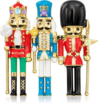 Ross-Simons 3.5-4mm Cultured Pearl,. Multi-Gemstone and Multicolored Enamel Nutcracker Pin in 18kt Gold Over Sterling