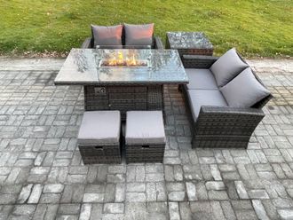 Fimous 6 Pieces Garden Furniture Sets Poly Rattan Outdoor Patio Gas Firepit Dining Table Sofa Set with Side Table 2 Small Footstools in Dark Grey