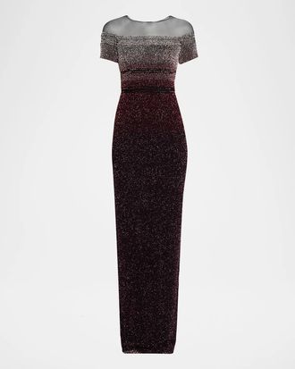 Pamella Roland Short-Sleeve Signature Sequined Column Gown