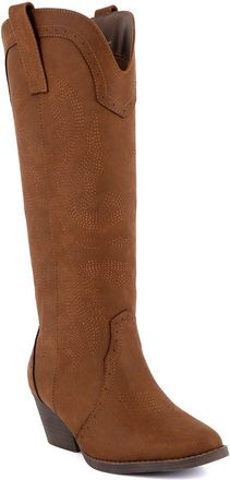 SUGAR Womens Tall Boots - Knee-High Vegan Leather Riding Boots with Pull-On/Side Zipper Entry, Decorative Straps, and Block Heel, Two Step-cognac, 5.5 UK