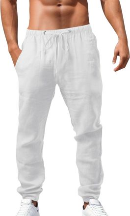 Generic Mens Cotton Linen Trousers Summer Casual Plain Pants Lightweight Breathable Trouser Wide Leg Pants Drawstring Elastic Waist Loose Fit Trousers Workout