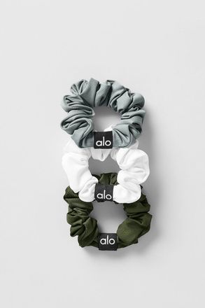 Alo | Fresh Mini Scrunchie (3-Pack) in Green Olive/Lunar Grey/White