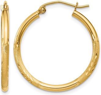 Diamond2Deal 14k Gold Satin & Diamond-cut 2x25mm Round Hoop Earrings