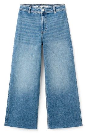 Mango Catherin Frayed High Waist Wide Leg Culotte Jeans in Medium Blue at Nordstrom, Size 16