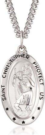 Ross-Simons Mens Sterling Silver and Stainless Steel Saint Christopher Protect Us Pendant Necklace
