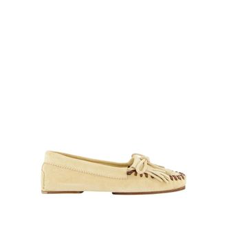PARIS TEXAS Loafers, female, Beige, 4 UK, Ecru Suede Leather Loafers with Fringe