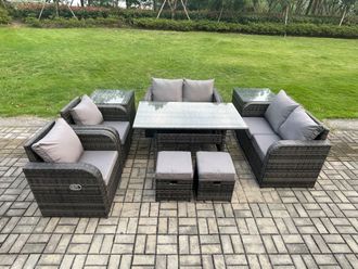 Fimous Outdoor Rattan Garden Furniture 9 piece Grey Patio Furniture Set 8 Seater Lounge Sofa Set with Reclining Chairs in Dark Grey