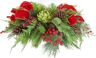 Creative Displays Inc. Handcrafted Holiday Candleholder Centerpiece With Evergreens, Ferns, Artichokes & Bows