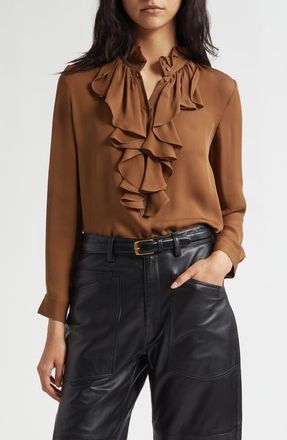 Nili Lotan Lily Ruffle Silk Shirt in Cognac at Nordstrom, Size X-Small