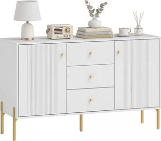 HOMCOM Homcom Aparador Moderno De 2 Puertas, Aparador De Sal&oacute;n Con 3 Cajones, Estantes Ajustables, Encimera Con Efecto M&aacute;rmol, Blanco, 120x39,1x76 Cm