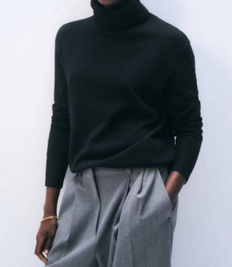 White + Warren Cashmere Rib Trim Easy Turtleneck Sweater In Black