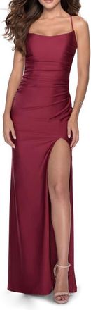 La Femme Long Tie Up Back Jersey Prom Dress with Slit in Burgundy at Nordstrom, Size 00