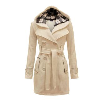 Generic Womens Hooded Trench Coat Ladies Winter Cosy Long Sleeve Comfy Elegant Belted Jackets Casual Plus Size Fleece Thick Classic Solid Color Trendy Daily O