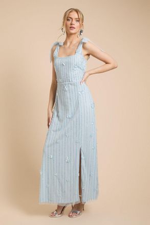 Oasis Womens 3D Floral Linear Beadwork Tie Shoulder Dress - Blue - Size 12 UK