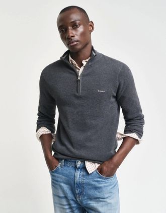 GANT Mens Cotton Piqu&eacute; Half-Zip Sweatshirt - Grey - Size: 44
