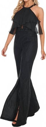 Rachel Allan Chiffon Halter Neck Lace Jumpsuit In Black