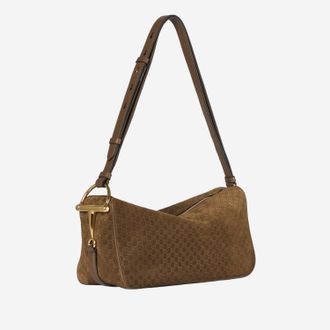 Gucci Womens Half Horsebit Shoulder Bag Brown Suede Handbags Hand