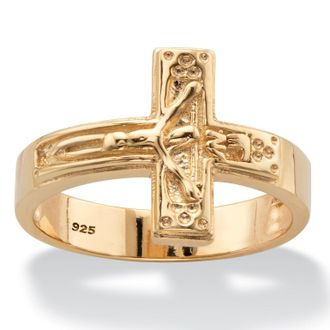 Palm Beach Jewelry Gold-Plated Sterling Silver Horizontal Crucifix Cross Ring