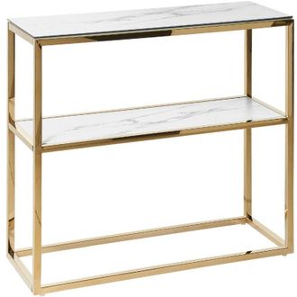 Beliani Beliani - Glam Console Table Glass Steel Shelf Marble Effect White with Gold 80 x 30 cm Azusa
