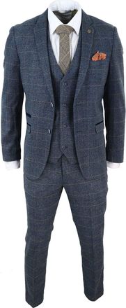 Marc Darcy Mens Blue Check 3 Piece Suit Herringbone Tweed Vintage Tailored Fit Grey Velvet - Blue 34