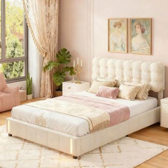 OEM Estructura De Cama, 12hxf, 140x190 Cm, Led, Hidr&aacute;ulica, Terciopelo, Marco De Cama 140x190 Cm, Beige