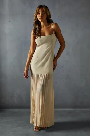 Misspap Womens Square Neck Pleated Chiffon Maxi Dress - Nude - Size 10 UK
