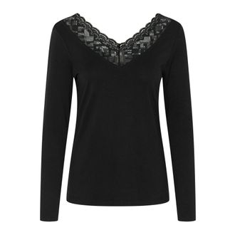 Cream Kanten V-hals T-shirt - Dames - Tops - Zwart - Maat: S Viscose