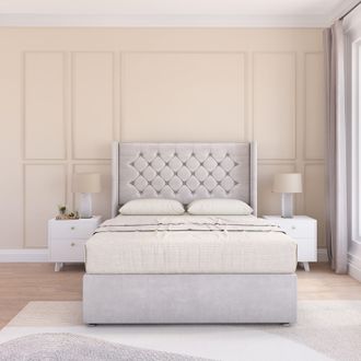 Sloomy Dior Wing Bed Set No Drawers With Ortho Sprung Mattress & 54 Floor standing Headboard Plush Velvet in Silver | Size: King