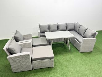 Fimous 10 Seater Garden Outdoor Rattan Furniture Set Dining Table 2 Armchairs in Light Grey