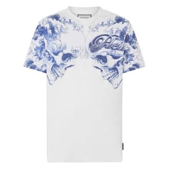 Philipp Plein Tops, Heren, Wit, XS, Katoen, Ronde Hals T-Shirt Ceramic Skulls