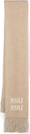 Miu Miu Geborsteld Beige Gebreide Sjaal met Logo - Dames - Wintersjaals - Beige - ONE Size - Accessoires