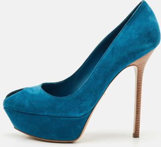 Sergio Rossi Blue Suede Peep Toe Platform Pumps