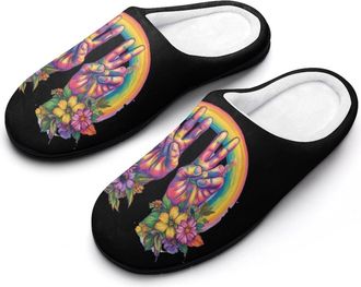 Generic Tie Dye Peace Sign Womens Slippers Warm House Slippers Indoor House Shoes with Anti-Skid Rubber Sole