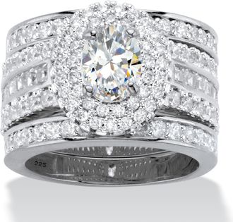 Palm Beach Jewelry 3.55 Cttw. Oval CZ Platinum-plated Silver 3-Piece Double Halo Wedding Ring Set