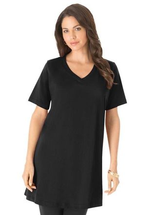 Roaman's Plus Size Ultimate Cotton V-Neck Short Sleeve Tunic in Black at Nordstrom, Size Medium