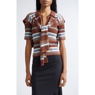 Monse Tie Scarf Overlay Stripe Short Sleeve Sweater in Brown Multi at Nordstrom, Size X-Large