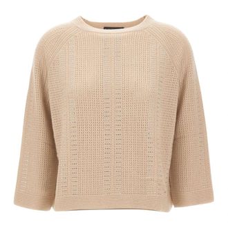 Elena Miro Trui met strass-versiering - Dames - Ronde hals truien - Beige - L - Wol - Truien & Vesten