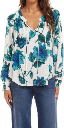 Karen Kane Blouson Sleeve Ruffle Tie-Neck Peasant Top In Floral Print