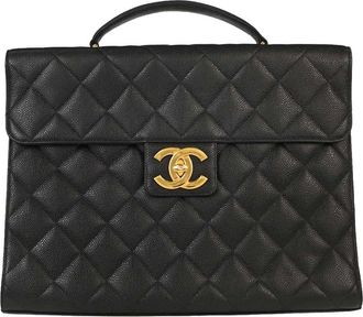Chanel Vintage Two-Tone Kelly Top Handle Quilted Caviar Black Leather Handbag (Pre-Owned)