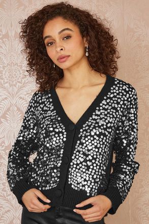 Yumi Womens Mela Black Sequin Knitted Cardigan - Size Small/Medium
