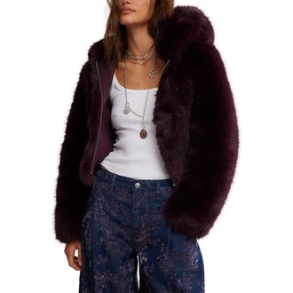 Free People Louder Please Hooded Faux Fur Jacket in Grape at Nordstrom, Size Small