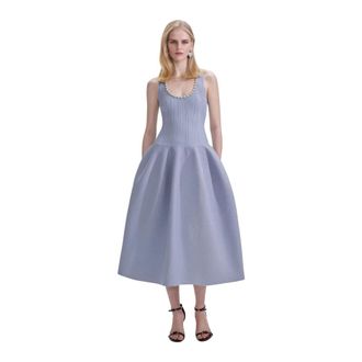 Self Portrait Vestido midi de punto acanalado con detalles de strass - Dresses - Mujer - Azul - L