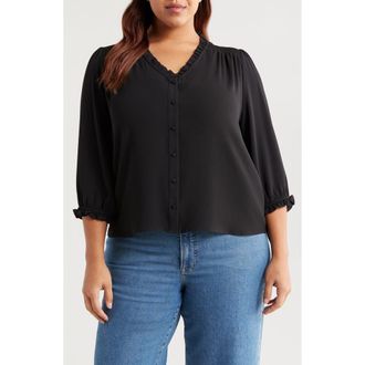 CeCe by Cynthia Steffe Ruffle Trim V-Neck Button-Up Top in Rich Black at Nordstrom, Size 2X