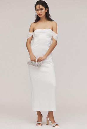 BHLDN Off-The-Shoulder Lace-Up Satin Column Midi Dress