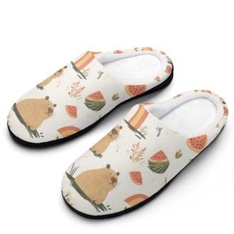 Generic Capybara Rainbow Floral Watermelon Mens Slippers Slip On Comfortable Fleece Cotton House Shoes Winter