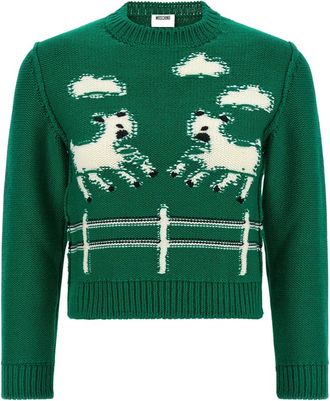 Moschino Extra-fijne Merinowol Intarsia Trui - Dames - Ronde hals truien - Groen - M - Wol - Truien & Vesten